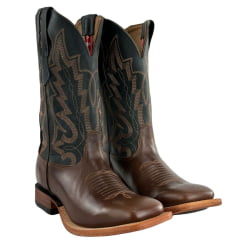 Bota Texana Masculina Goyazes Solado Injetado Couro Pull Up Tan/Dallas Marinho Cano Bordado REF: 253002-CC-01