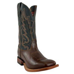 Bota Texana Masculina Goyazes Solado Injetado Couro Pull Up Tan/Dallas Marinho Cano Bordado REF: 253002-CC-01