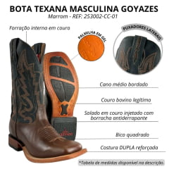 Bota Texana Masculina Goyazes Solado Injetado Couro Pull Up Tan/Dallas Marinho Cano Bordado REF: 253002-CC-01