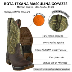 Bota Texana Masculina Goyazes Sprinter Café/Ambar Couro Dallas Café/Folha Cano Bordado REF: 254803-CS-03