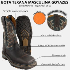 Bota Texana Masculina Goyazes Bico Quadrado Work Café Couro Bison Usa/Dallas Marinho Ref:257401-CK-03
