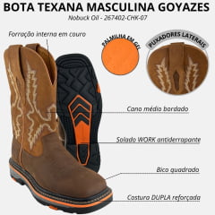 Bota Texana Masculina Goyazes Bico Quadrado Work Waterproof Nobuck Oil Café Terra 267402-CHK-07