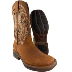 Bota Texana Masculina Goyazes Bico Quadrado Waterproof Caramelo Couro Nobuck Oil Terra Bordado - Ref:251505 -CHR- 07 Bota Texana Masculina Goyazes Bico Quadrado Waterproof Caramelo Couro Nobuck Oil Terra Bordado - Ref:251505 -CHR- 07