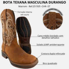 Bota Texana Masculina Goyazes Bico Quadrado Waterproof Caramelo Couro Nobuck Oil Terra Bordado - Ref:251505 -CHR- 07