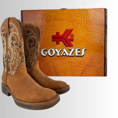 Bota Texana Masculina Goyazes Bico Quadrado Waterproof Caramelo Couro Nobuck Oil Terra Bordado - Ref:251505 -CHR- 07