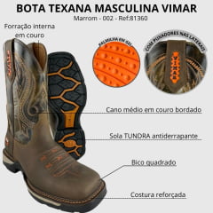 Bota Texana Masculina Vimar Bico Quadrado Crazy Horse Antigo Ocre Café Bordado Laranja Sola Tundra 002 Ref:81360