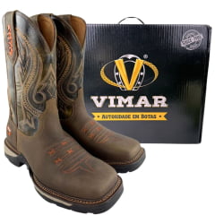 Bota Texana Masculina Vimar Bico Quadrado Crazy Horse Antigo Ocre Café Bordado Laranja Sola Tundra 002 Ref:81360