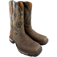 Bota Texana Masculina Vimar Bico Quadrado Crazy Horse Antigo Ocre Café Bordado Laranja Sola Tundra 002 Ref:81360