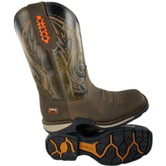 Bota Texana Masculina Vimar Bico Quadrado Crazy Horse Antigo Ocre Café Bordado Laranja Sola Tundra 002 Ref:81360
