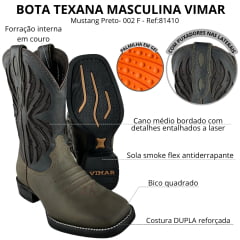 Bota Texana Masculina Vimar Bico Quadrado Couro Crazy Horse/Fossil Mustang Preto 002 F-Ref:S1410