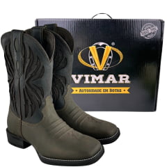 Bota Texana Masculina Vimar Bico Quadrado Couro Crazy Horse/Fossil Mustang Preto 002 F-Ref:S1410