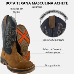 Bota Texana Masculina  Achete Caramelo Cano Preto Com Bordado Marrom