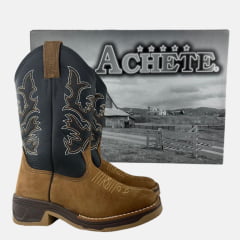 Bota Texana Masculina  Achete Caramelo Cano Preto Com Bordado Marrom