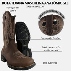 Bota Texana Masculina Anatomic Gel Bico Quadrado Couro Bull Skin Havana/Mustang Tabaco - Ref:9797