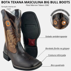 Bota Texana Masculina Big Bull Bico Quadrado Fóssil Marrom 530C