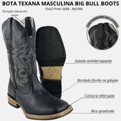 Bota Texana Masculina Big Bull Bico Quadrado Fossil Preto Bordada 508A - Ref:906
