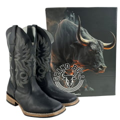 Bota Texana Masculina Big Bull Bico Quadrado Fossil Preto Bordada 508A - Ref:906