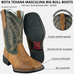 Bota Texana Masculina Big Bull Bico Quadrado Old Claro Verde Bordada 440C - Ref:900