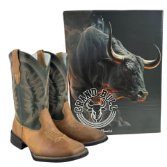 Bota Texana Masculina Big Bull Bico Quadrado Old Claro Verde Bordada 440C - Ref:900