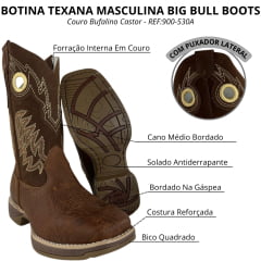 Bota Texana Masculina Big Bull Bico Quadrado Couro Canguru/Bufalino Castor REF:900-530A