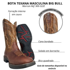 Bota Texana Masculina Big Bull Boots Bico Quadrado Couro Fóssil Cela Mostarda Cano Bordado E Florão Laranja Ref:900-322E