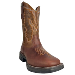 Bota Texana Masculina Big Bull Boots Bico Quadrado Couro Fóssil Cela Mostarda Cano Bordado E Florão Laranja Ref:900-322E
