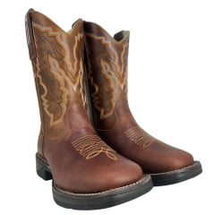 Bota Texana Masculina Big Bull Boots Bico Quadrado Couro Fóssil Cela Mostarda Cano Bordado E Florão Laranja Ref:900-322E