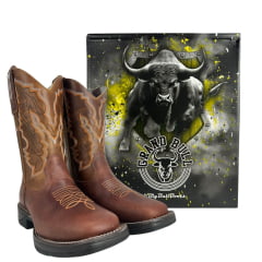 Bota Texana Masculina Big Bull Boots Bico Quadrado Couro Fóssil Cela Mostarda Cano Bordado E Florão Laranja Ref:900-322E