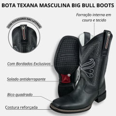 Bota Texana Masculina Big Bull Boots Bico Quadrado Couro Fóssil Preto Cano Bordado Grafit Ref.900-400