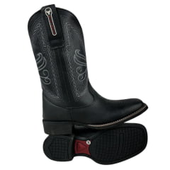 Bota Texana Masculina Big Bull Boots Bico Quadrado Couro Fóssil Preto Cano Bordado Grafit Ref.900-400