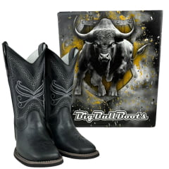 Bota Texana Masculina Big Bull Boots Bico Quadrado Couro Fóssil Preto Cano Bordado Grafit Ref.900-400