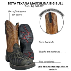 Bota Texana Masculina Big Bull Boots Bico Quadrado Couro Fóssil Preto Mostarda Cano Bordado Ref:900-327 Cassino