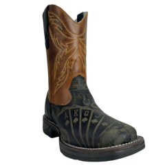 Bota Texana Masculina Big Bull Boots Bico Quadrado Couro Fóssil Preto Mostarda Cano Bordado Ref:900-327 Cassino