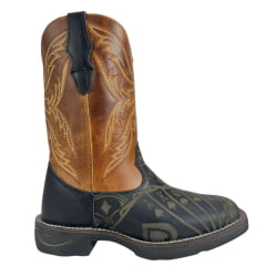 Bota Texana Masculina Big Bull Boots Bico Quadrado Couro Fóssil Preto Mostarda Cano Bordado Ref:900-327 Cassino