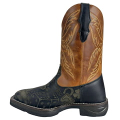 Bota Texana Masculina Big Bull Boots Bico Quadrado Couro Fóssil Preto Mostarda Cano Bordado Ref:900-327 Cassino