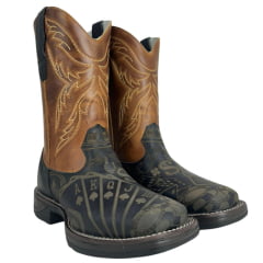 Bota Texana Masculina Big Bull Boots Bico Quadrado Couro Fóssil Preto Mostarda Cano Bordado Ref:900-327 Cassino