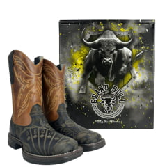 Bota Texana Masculina Big Bull Boots Bico Quadrado Couro Fóssil Preto Mostarda Cano Bordado Ref:900-327 Cassino