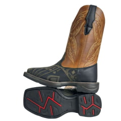 Bota Texana Masculina Big Bull Boots Bico Quadrado Couro Fóssil Preto Mostarda Cano Bordado Ref:900-327 Cassino