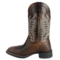Bota Texana Masculina Big Bull Boots Bico Quadrado Couro Fóssil Tabaco Cano Bordado Cinza E Branco Ref:900-319 A