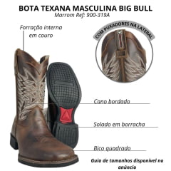 Bota Texana Masculina Big Bull Boots Bico Quadrado Couro Fóssil Tabaco Cano Bordado Cinza E Branco Ref:900-319 A