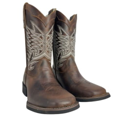 Bota Texana Masculina Big Bull Boots Bico Quadrado Couro Fóssil Tabaco Cano Bordado Cinza E Branco Ref:900-319 A