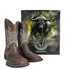 Bota Texana Masculina Big Bull Boots Bico Quadrado Couro Fóssil Tabaco Cano Bordado Cinza E Branco Ref:900-319 A