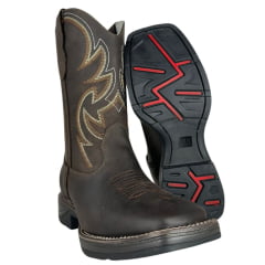 Bota Texana Masculina Big Bull Boots Bico Quadrado Couro Rústico Com Cano Bordado Marrom E Cru Ref:900-326