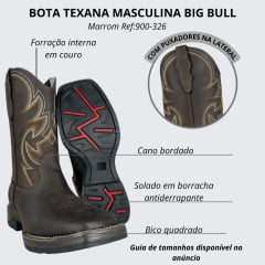 Bota Texana Masculina Big Bull Boots Bico Quadrado Couro Rústico Com Cano Bordado Marrom E Cru Ref:900-326