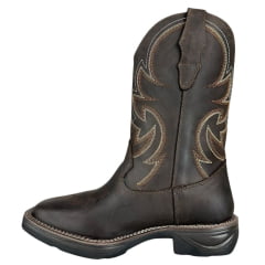 Bota Texana Masculina Big Bull Boots Bico Quadrado Couro Rústico Com Cano Bordado Marrom E Cru Ref:900-326
