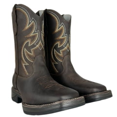 Bota Texana Masculina Big Bull Boots Bico Quadrado Couro Rústico Com Cano Bordado Marrom E Cru Ref:900-326