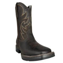 Bota Texana Masculina Big Bull Boots Bico Quadrado Couro Rústico Com Cano Bordado Marrom E Cru Ref:900-326
