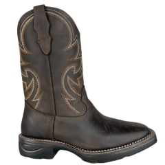 Bota Texana Masculina Big Bull Boots Bico Quadrado Couro Rústico Com Cano Bordado Marrom E Cru Ref:900-326