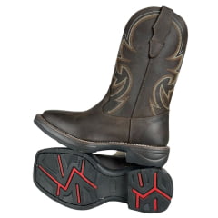 Bota Texana Masculina Big Bull Boots Bico Quadrado Couro Rústico Com Cano Bordado Marrom E Cru Ref:900-326