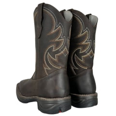 Bota Texana Masculina Big Bull Boots Bico Quadrado Couro Rústico Com Cano Bordado Marrom E Cru Ref:900-326
